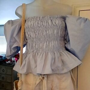 Light Blue Puff Sleeve Off-ShoulderSmocked Top. Astr. Feminine. Size Small.